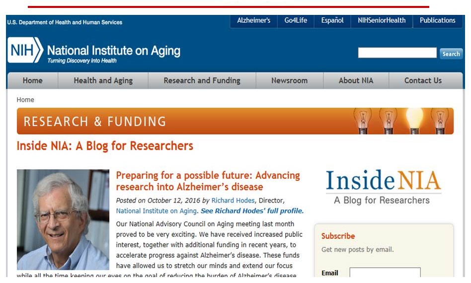 Screen shot of the NIA website, Blog - Insite NIA page.