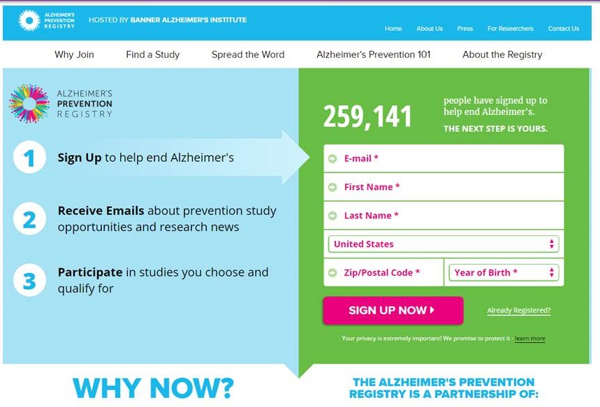 Alzheimer's Prevention Registry Home Page screen shot.