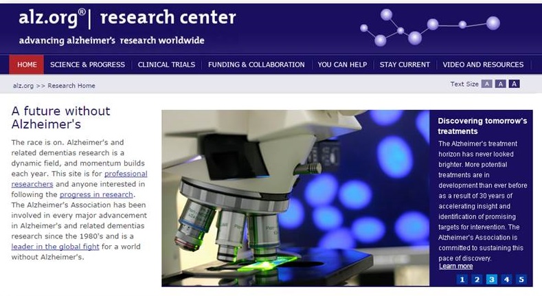 Alzheimer’s Association Research Website screen shot.
