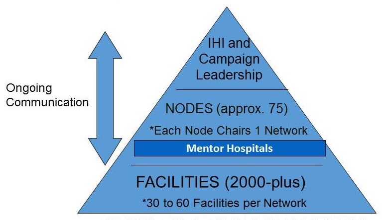 TOP: IHI and Campaign Leadership; MIDDLE: NOES (approx. 75) *Each Node Chairs 1 Network, Mentor Hospitals; BOTTOM: Facilities (2000-plus) *30 to 60 Facilities per Network.