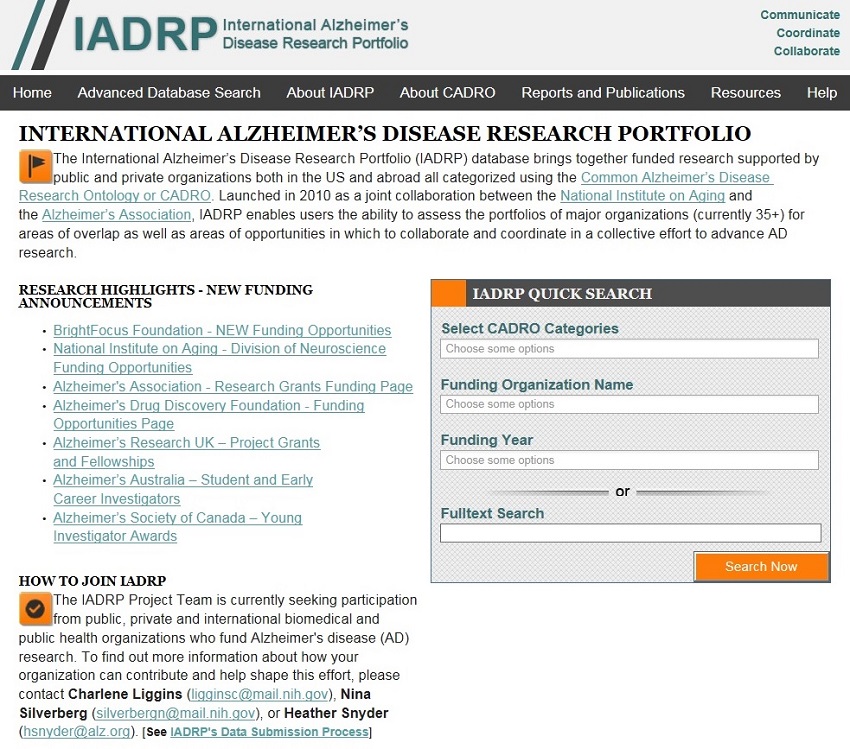 International Alzheimer's Disease Research Portfolio Home Page screen shot.