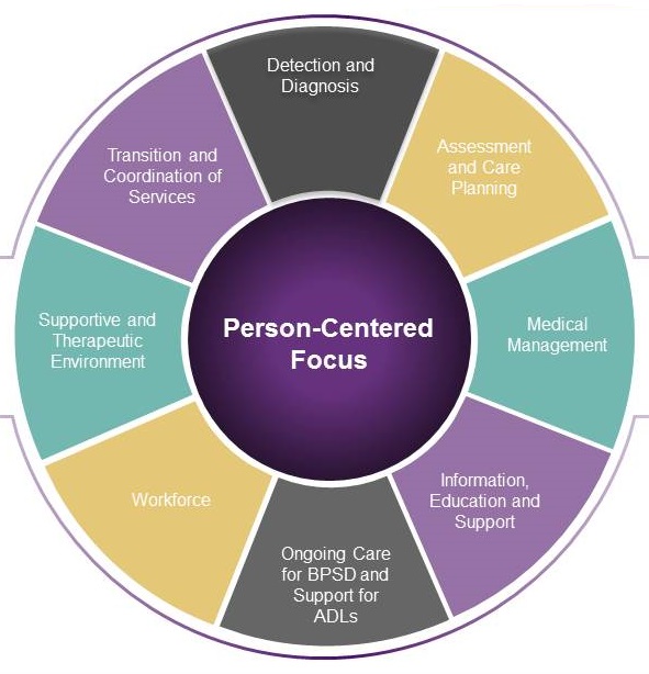 The Dementia Care Practice Recommendations are grounded in the fundamentals of person-centered care. They illustrate the goals of quality dementia care in the following areas: Detection and diagnosis; Assessment and care planning; Medical management; Information, education and support; Ongoing care for behavioral and psychological symptoms of dementia, and support for activities of daily living; Workforce; Supportive and therapeutic environments; Transitions and coordination of services.