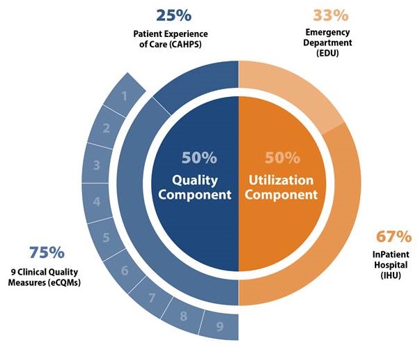 50% Quality Component--25% Patient Experience of Care, 75% 9 Clinical Quality Measures; 50% Utilization Component--33% Emergency Department, 67% Inpatient Hospital.