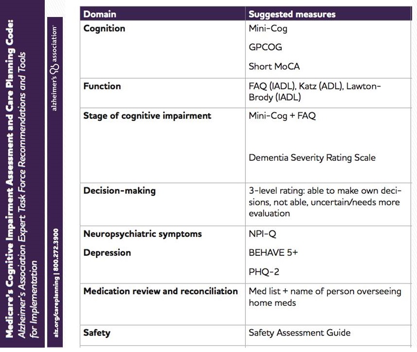 Screen shot of the Medicare’s Cognitive Impairment Assessment and Care Planning Code: Alzheimer’s Association Expert Task Force Recommendations and Tools for Implementation, page 3.