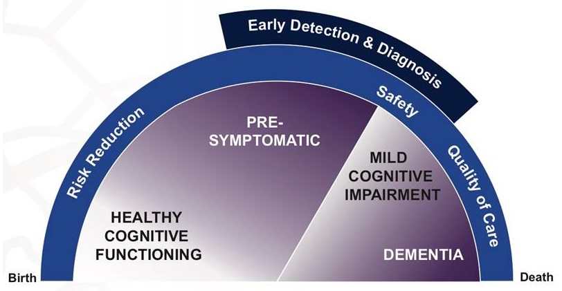 Semi-circle chart: Birth to Death range; Early Detection and Diagnosis; Risk Reduction, Safety, Quality of Care; Healthy Cognitive Functioning, Pre-Symptomatic, Mild Cognitive Impairment, Dementia.