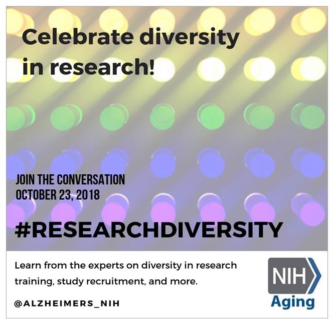 Poster: Celebrate diversity in research! Join the conversation October 23, 2018. #RESEARCHDIVERSITY Learn from the experts on diversity in research training, study recruitment, and more. @ALZHEIMERS_NIH