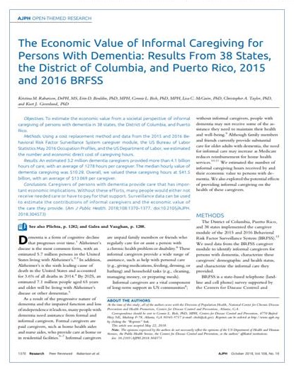 Article cover: The Economic Value of Informal Caregiving for Persons With Dementia: Results From 38 States, the District of Columbia, and Puerto Rico, 2015 and 2016 BRFSS.