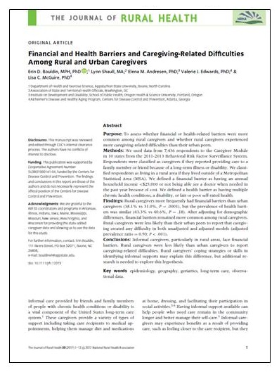 Article cover: Financial and Health Barriers and Caregiving-Related Difficulties Among Rural and Urban Caregivers.