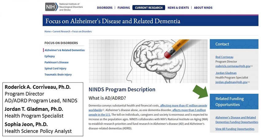NINDS AD/ADRD website screen shot.
