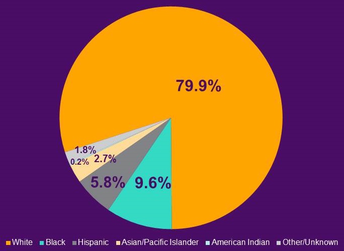 Pie chart: White (79.9%), Black (9.6%), Hispanic (5.8%), Asian/Pacific Islander (2.7%), American Indian (0.2%), Other/Unknown (1.8%).
