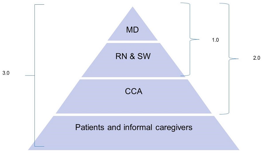 Pyramid: Top Row--MD; Second Row--RN & SW; Third Row--CCA; Bottow Row--Patients and informal caregivers. All four rows=3.0; Top, Second and Third Rows=2.0; Top and Second Rows=1.0.