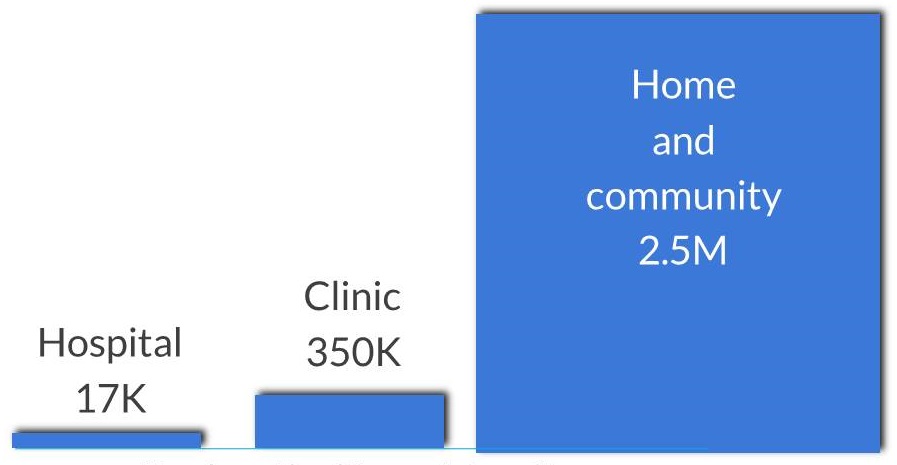 Bar Chart: Hospital 17K, Clinic 350K, Home and community 2.5M.