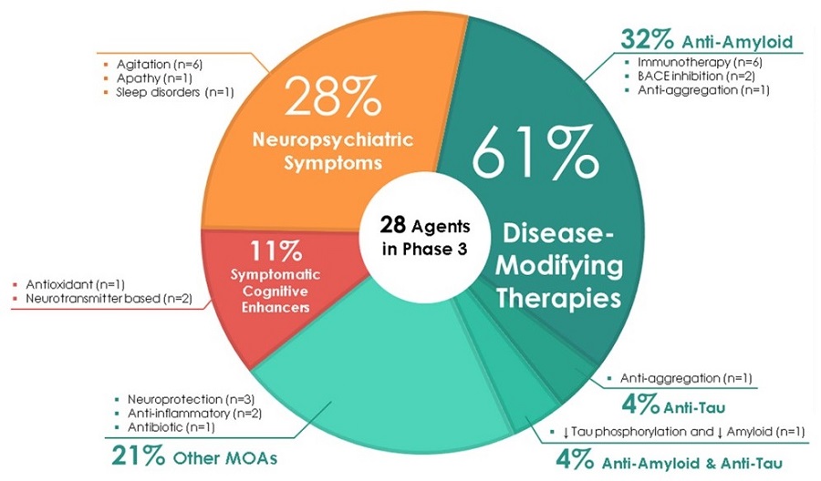 Pie chart: Neuropsychiatric Symptoms (28%), Disease-Modifying Therapies (61%), Anti-Tau (4%), Anti-Amyloid & Anti-Tau (4%), Other MOAs (21%), Symptomatic Cognitive Enhancers (11%).