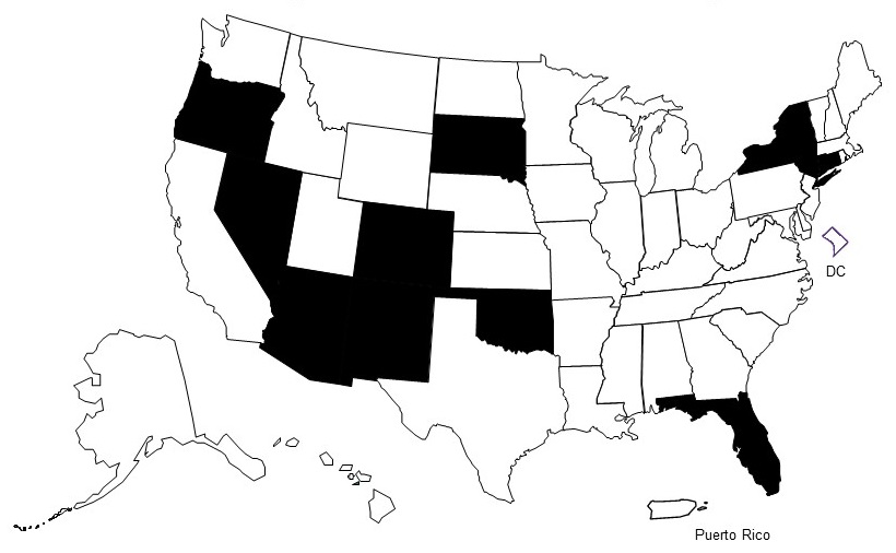 Map of the United States. Shaded states are Arizona, Colorado, Florida, Nevada, New Mexico, New York, Oklahoma, Oregon, and South Dakota.