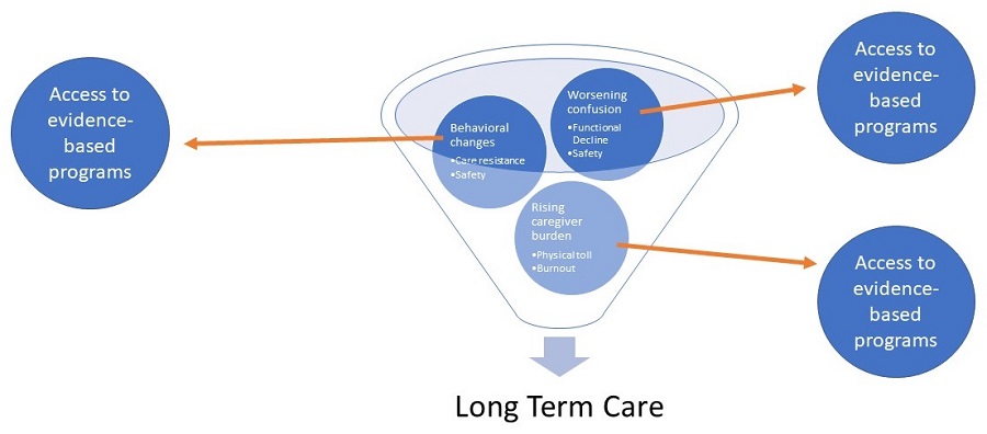 Balls in a funnel toward Long Term Care. The balls represent what needs access to evidence-based programs: Behavioral changes (care resistance, safety); Rising caregiver burden (physical toll, burnout); Worsening confusion (functional decline, safety).