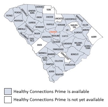 South Carolina State Map, by County: All counties have Healthy Connections Prime available, except for Aiden, York, Lancaster, Dorchester, Darlington and Horry.