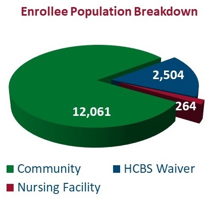 PIE CHART, Enrollee Population Breakdown: Community 12,061, HCBS Waiver 2,504, Nursing Facility 264.
