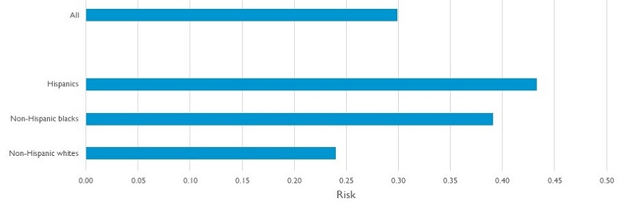 Bar Chart, showing All, Hispanics, Non-Hispanic blacks and Non-Hispanic whites for a Risk of 0.00 to 0.50.