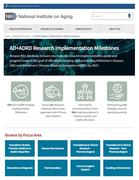 Screen shot of AD+ADRD Research Implementation Milestones website.