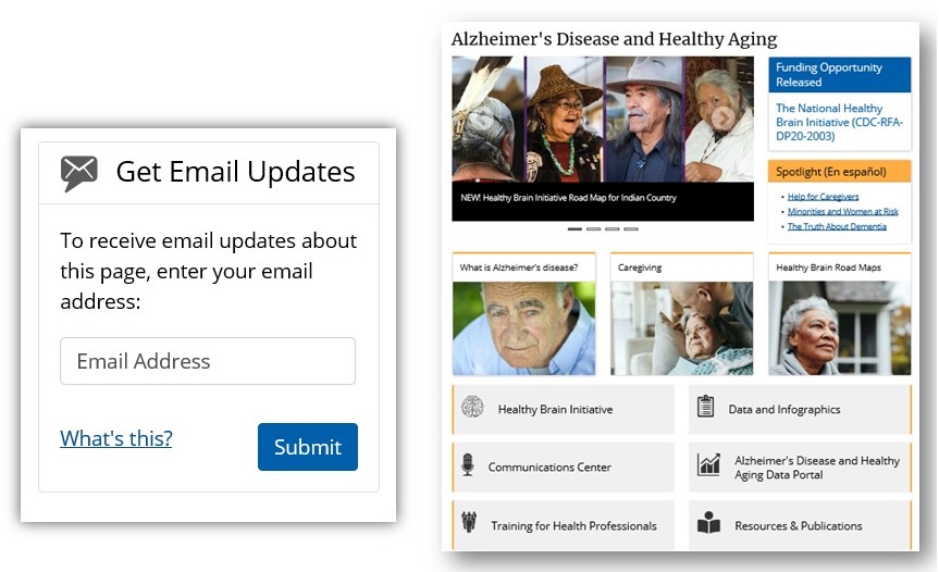 Screenshots of Newsletter Subscription page and CDC Aging page.