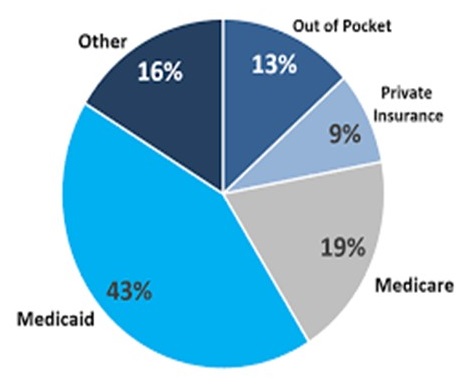 Pie Chart: Other 16%; Out of Pocket 13%; Private Insurance 9%; Medicare 19%; Medicaid 43%.