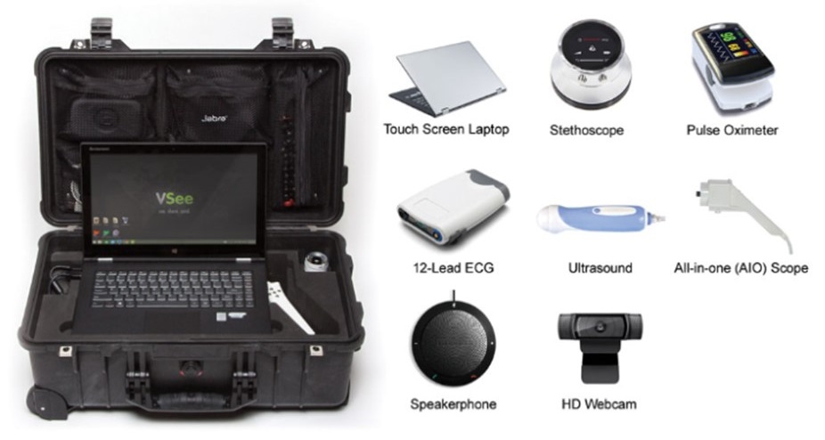 Screen shot of telemedicine bag with contents, such as touch screen laptop, stethoscope, pulse oximeter, 12-lead ECG, ultrsound, all-in-one scope, speakerphone, HD webcame.
