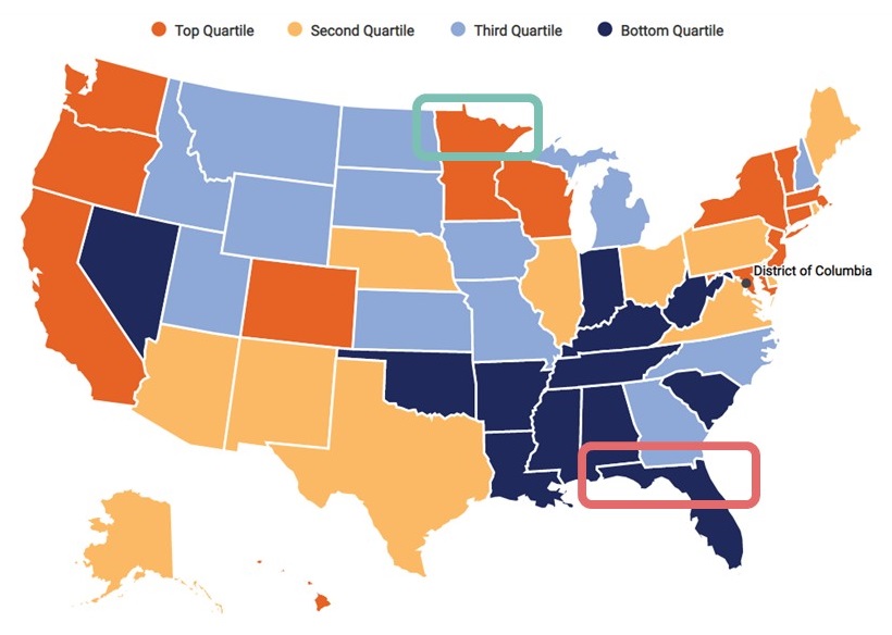 State Map colored according to Top, Second, Third, or Bottom Quartile.