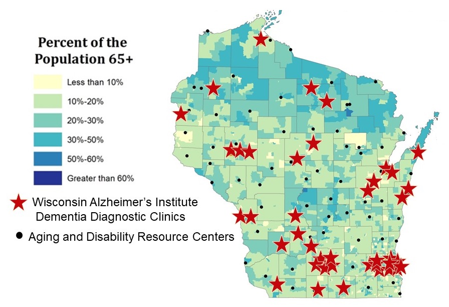 Map of Wisconsin, broken down by 6 population percentages of residents 65+. Wisconsin Alzheimer's Institute Dementia Diagnostic Clinics, and Aging and Disability Resource Centers are marked.