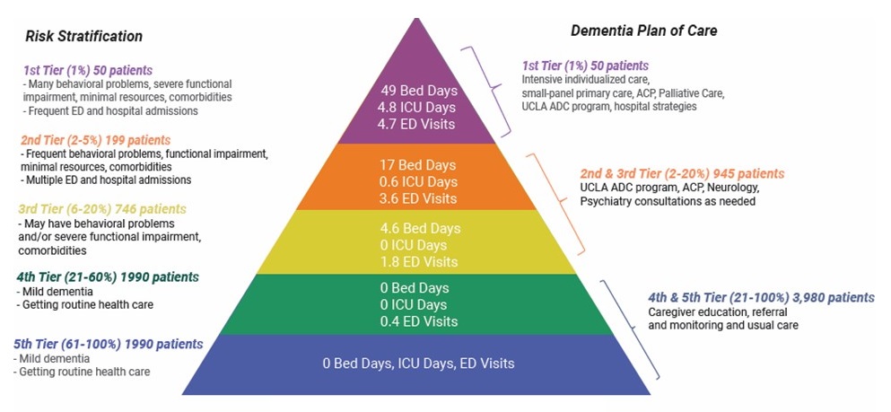 Pyramid graphic describing the Total Number and Yearly Minimum Utilization by Risk Tier, as well as the Risk Stratification and Dementia Plan of Care.