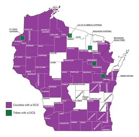 Map of Wisconsin, broken down by county. Highlights the counties with a DCS, and tribes with a DCS.