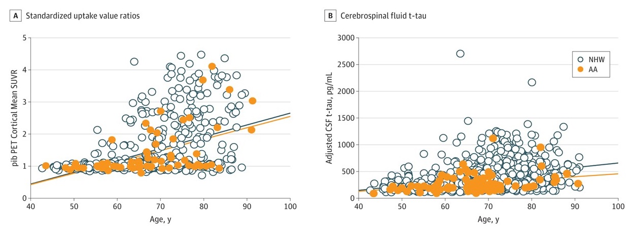 Scatter Charts: Compares NHW and AA for Standardized uptake value ratios and Cerebrospinal fluid t-tau.