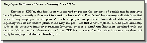 Text Box: Employee Retirement Income Security Act of 1974 Known as ERISA, this legislation was enacted to protect the interests of participants in employee benefit plans, primarily with respect to pension plan benefits. This federal law preempts all state laws that relate to any employee benefit plan. As such, employers are protected from direct state requirements regarding their health benefit plans. States may still pass laws that affect employee benefit plans indirectly, such as via insurance industry regulation; however, there is a significant limitation associated with this practice. Known as the “deemer clause,” this ERISA clause specifies that state insurance law does not apply to employer self-funded benefit plans.