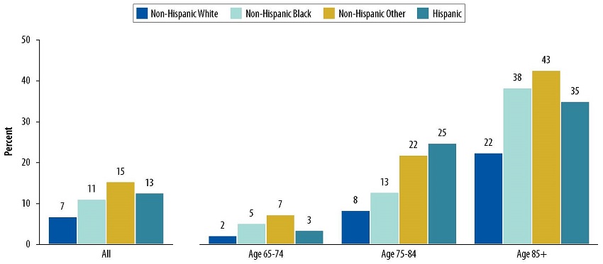 Bar Chart: All--Non-Hispanic White 7, Non-Hispanic Black 11, Non-Hispanic Other 15, Hispanic 13. Age 65-74--Non-Hispanic White 2, Non-Hispanic Black 5, Non-Hispanic Other 7, Hispanic 3. Age 75-84--Non-Hispanic White 8, Non-Hispanic Black 13, Non-Hispanic Other 22, Hispanic 25. Age 85+--Non-Hispanic White 22, Non-Hispanic Black 38, Non-Hispanic Other 43, Hispanic 35.