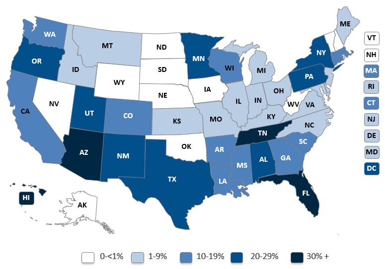 EXHIBIT 1, US State Map: In four states, 30 percent or more of dual eligible beneficiaries are enrolled in D-SNPs.  In 9 states and the District of Columbia, 20-29 percent of dual-eligible beneficiaries are enrolled in D-SNPs. In 11 states, 10-19 percent of dual-eligible beneficiaries are enrolled in D-SNPs.  In 16 states, 1-9 percent of dual-eligible beneficiaries are enrolled in D-SNPs.  In 10 states, less than one percent or no dual-eligible beneficiaries are enrolled in D-SNPs. 