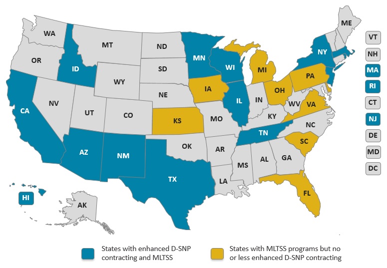 EXHIBIT 3, US State Map: A total of 13 states have enhanced D-SNP contracting and MLTSS.  Eight states have MLTSS programs, but no or less enhanced D-SNP contracting.