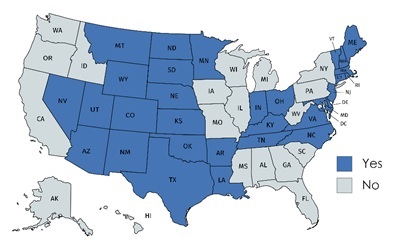 FIGURE 3, State Map. This figure is a map of the United States with the 31 states that offer licensure for SUD counseling shaded dark blue and the 20 states (including D.C.) that do not offer licensure shaded gray. The 20 states without licensure are: Alabama, Alaska, California, District of Columbia, Florida, Georgia, Hawaii, Idaho, Illinois, Iowa, Michigan, Mississippi, Missouri, New York, Oregon, Pennsylvania, South Carolina, Washington, West Virginia, and Wisconsin. 