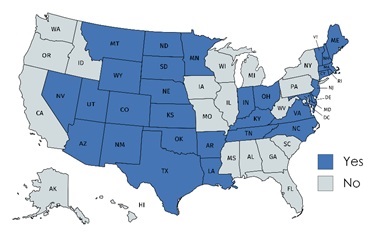 FIGURE 1, State Map. This figure is a map of the United States with the 31 states that offer licensure for SUD counseling shaded dark blue and the 20 states (including D.C.) that do not offer licensure shaded light gray. The 20 states without licensure are: Alabama, Alaska, California, District of Columbia, Florida, Georgia, Hawaii, Idaho, Illinois, Iowa, Michigan, Mississippi, Missouri, New York, Oregon, Pennsylvania, South Carolina, Washington, West Virginia, and Wisconsin. 