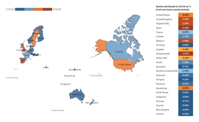 FIGURE 2; World Map: This figure describes the number of care home resident deaths attributed to COVID-19 as a percent of all care home residents/beds in October 2020. This figure includes countries reporting deaths associated with only confirmed cases and countries reporting deaths associated with confirmed and probable COVID-19 cases. U.S has 4.24%, U.K. has 5.09%, England (U.K.) has 5.24%, Spain has 6.18%, France has 2.47%, Canada has 1.74%, Belgium has 5.00%, Germany has 0.46%, Sweden has 3.30%, Scotland (U.K.) has 5.55%, Wales (U.K.) has 3.13%, Israel has 1.56%, Australia has 0.32%, Northern Ireland (U.K.) has 2.93%, Denmark has 0.58%, Hungary has 0.26%, Slovenia has 0.53%, Hong Kong has 4.00%, South Korea has 0.01%, Singapore has 0.02%, Norway has 0.37%, Austria has 0.40%, New Zealand has 0.04%, and Finland has 0.29%.