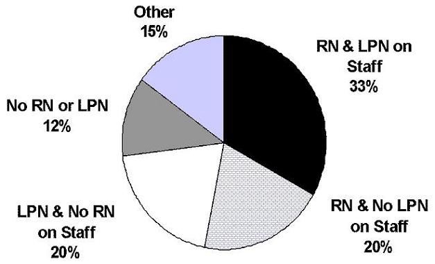 Pie Chart: Other (15%); RN & LPN on Staff (33%); RN & No LPN on Staff (20%); LPN & No RN on Staff (20%); No RN or LPN (12%).