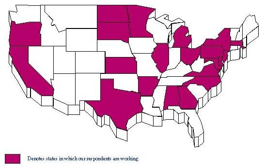 Map of the United States. Shaded states denote states respondents are working: Alabama, Arkansas, California, Delaware, Georgia, Illinois, Kansas, Maryland, Massachusetts, Michigan, Minnesota, New Jersey, New York, North Carolina, North Dakota, Ohio, Oregon, Pennsylvania, South Dakota, Texas, and Virginia.