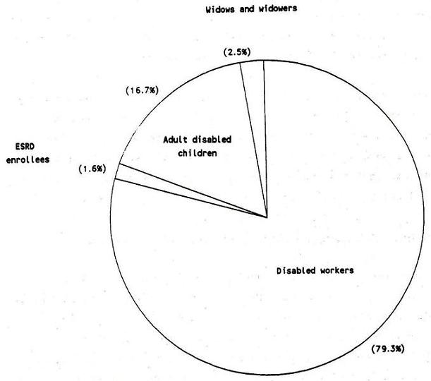 Pie Chart: ESRD enrollees (1.6%); Adult disabled children (16.7%); Widows and widowers (2.5%); and Disabled workers (79.3%).