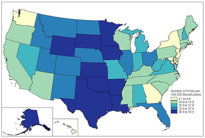 number of HHA's per 100,000 beneficiaries by state