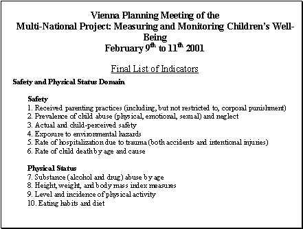 Vienna Planning Meeting of the Multi-National Projects: Measuring and Monitoring Children's Well-Being. February 9th to 11th 2001: Final List of Indicators