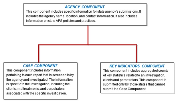 FIGURE 1.1, Organizational Chart: Top Level=Agency Component; Second Level, left side=Case Component; Second Level, right side=Key Indicators Component.