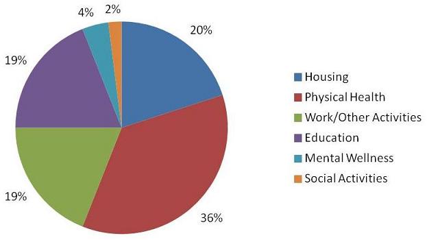 Pie Chart: Housing (20%); Physical Health (36%); Work/Other Activities (19%); Education (19%); Mental Wellness (4%); Social Activities (2%).