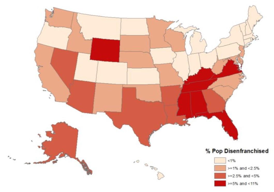 Share of Adult Population Experiencing Felony Disenfranchisement by State, 2010