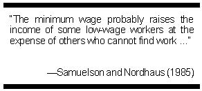 Quote from Samuelson and Nordhaus (1985): The minimum wage probably raises the income of some low-wage workers at the expense of others who cannot find work...