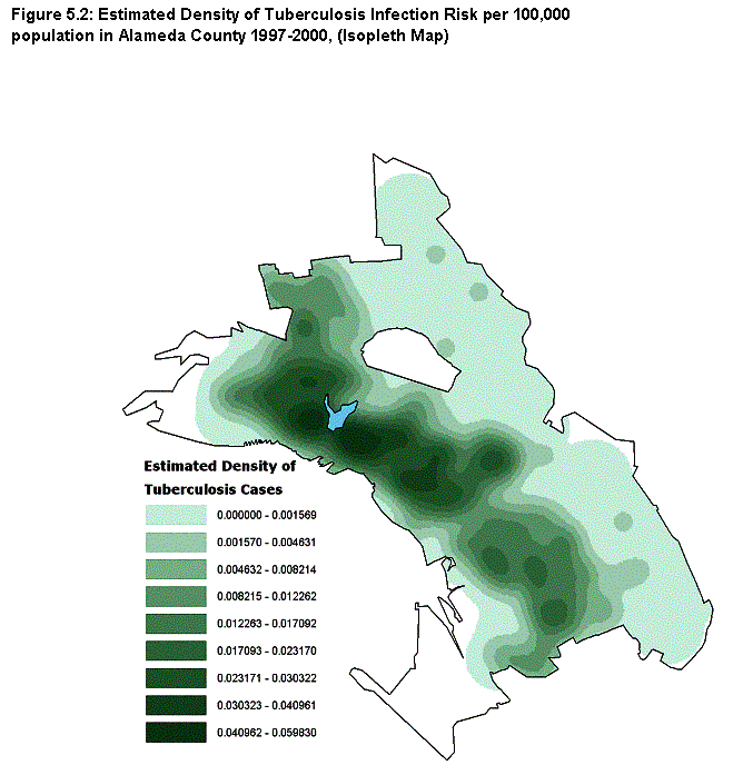 Figure 5.2: Estimated Density of Tuberculosis infection Risk per 100,000 population in Alameda County 1997-2000. (Isopleth Map)