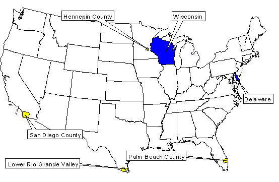 Figure I.1. Map of the U.S.A. showing case study sites.