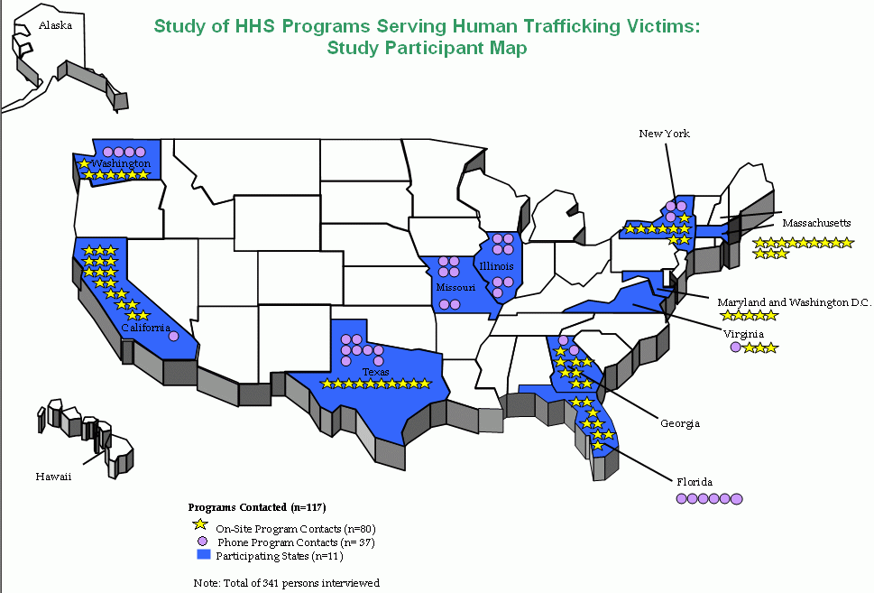 Study of HHS Programs Serving Human Trafficking Victims: Study Participant Map. See tables below for data.